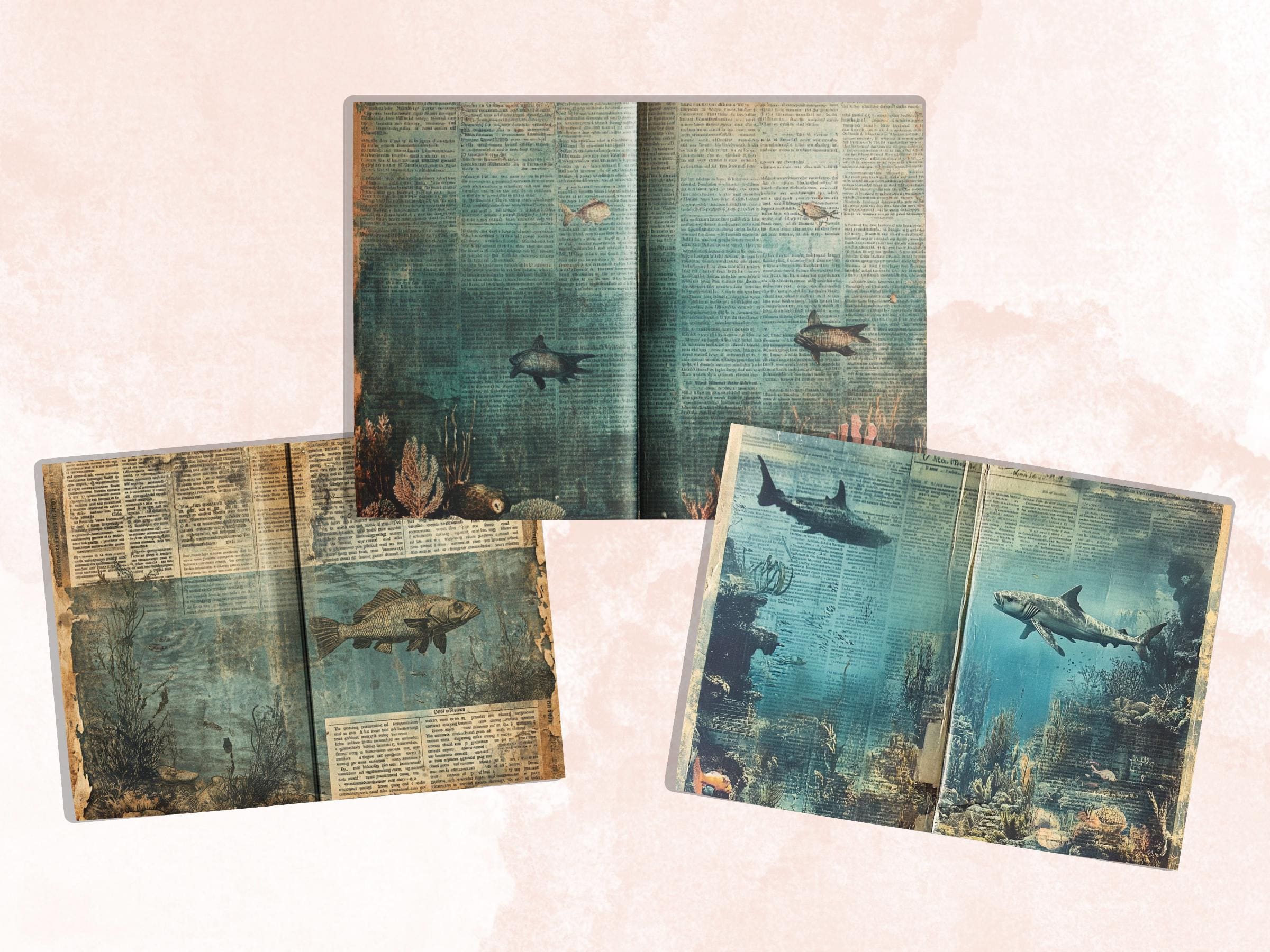 Underwater Newspaper Ephemera, Creepy Mixed Media Paper, Vintage Under the Sea Newspaper Collage Scrapbook Paper, Ocean Journal Double Pages