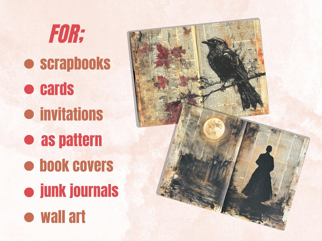 Spooky Newspaper Ephemera Kit, Creepy Mixed Media Paper, Gothic Woodland Newspaper Collage Scrapbook, Printable Horror Journal Double Pages