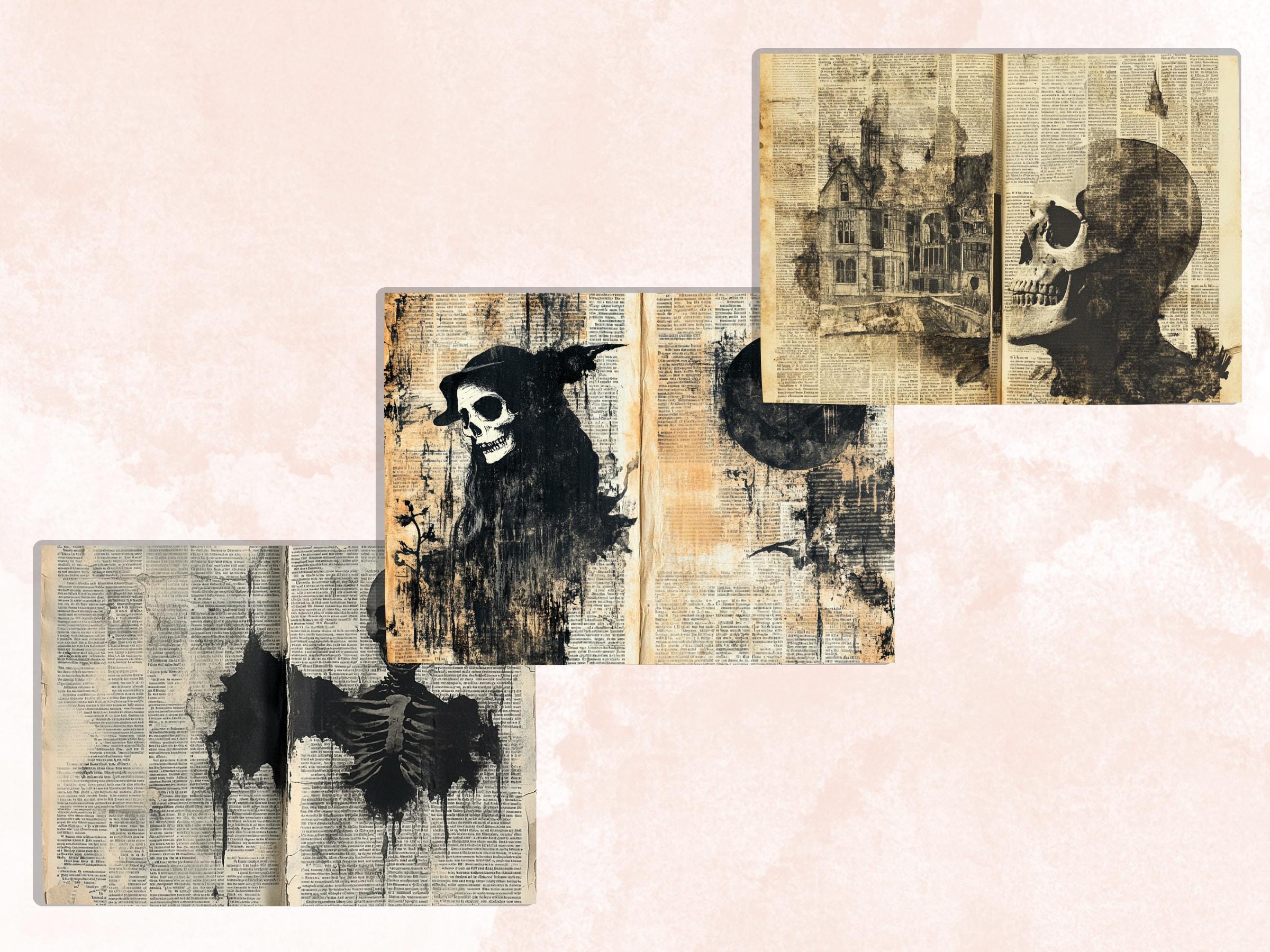 Spooky Newspaper Ephemera Kit, Creepy Mixed Media Paper, Gothic Woodland Newspaper Collage Scrapbook, Printable Horror Journal Double Pages