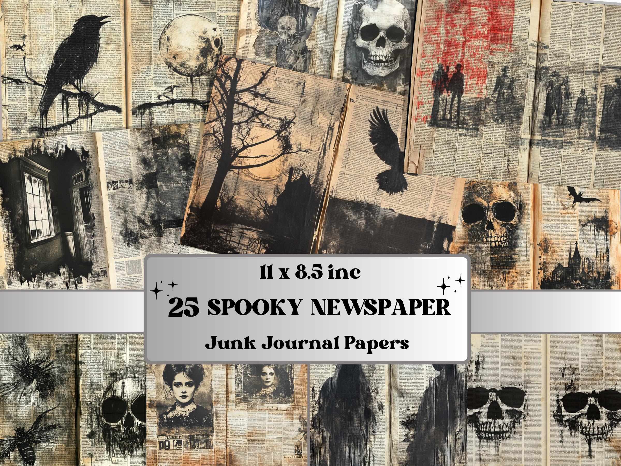 Spooky Newspaper Ephemera Kit, Creepy Mixed Media Paper, Gothic Woodland Newspaper Collage Scrapbook, Printable Horror Journal Double Pages