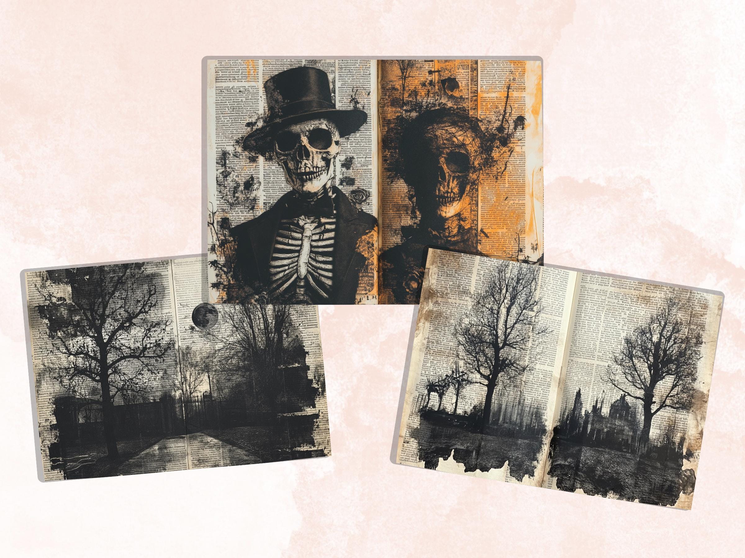 Spooky Newspaper Ephemera Kit, Creepy Mixed Media Paper, Gothic Woodland Newspaper Collage Scrapbook, Printable Horror Journal Double Pages