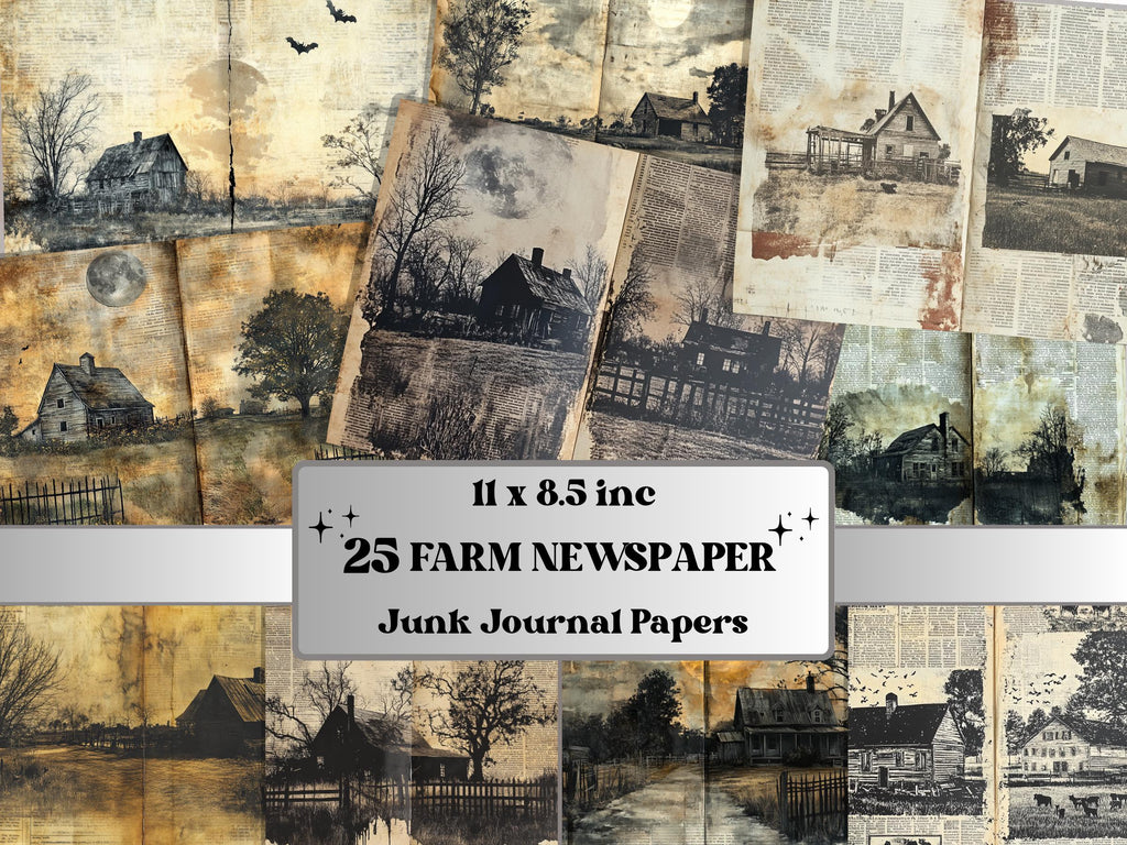 Farm Newspaper Ephemera Kit, Creepy Farm Mixed Media Paper, Gothic Country Newspaper Collage Scrapbook Paper, Spooky Journal Double Pages
