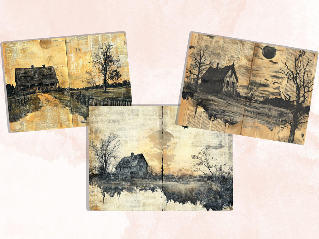 Farm Newspaper Ephemera Kit, Creepy Farm Mixed Media Paper, Gothic Country Newspaper Collage Scrapbook Paper, Spooky Journal Double Pages