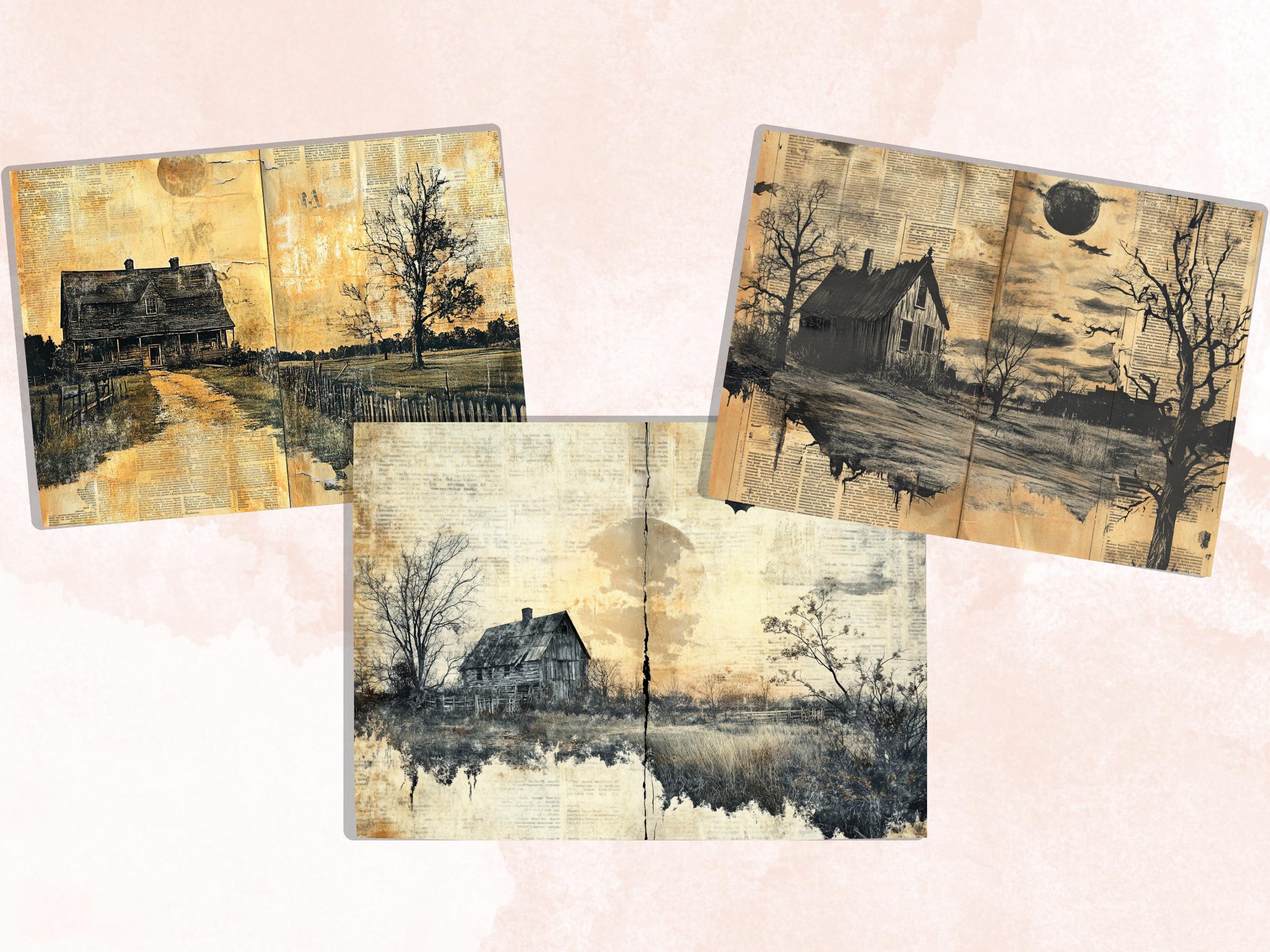 Farm Newspaper Ephemera Kit, Creepy Farm Mixed Media Paper, Gothic Country Newspaper Collage Scrapbook Paper, Spooky Journal Double Pages