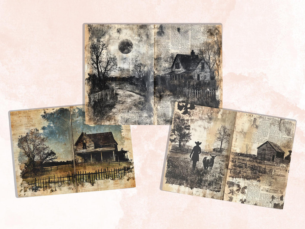 Farm Newspaper Ephemera Kit, Creepy Farm Mixed Media Paper, Gothic Country Newspaper Collage Scrapbook Paper, Spooky Journal Double Pages