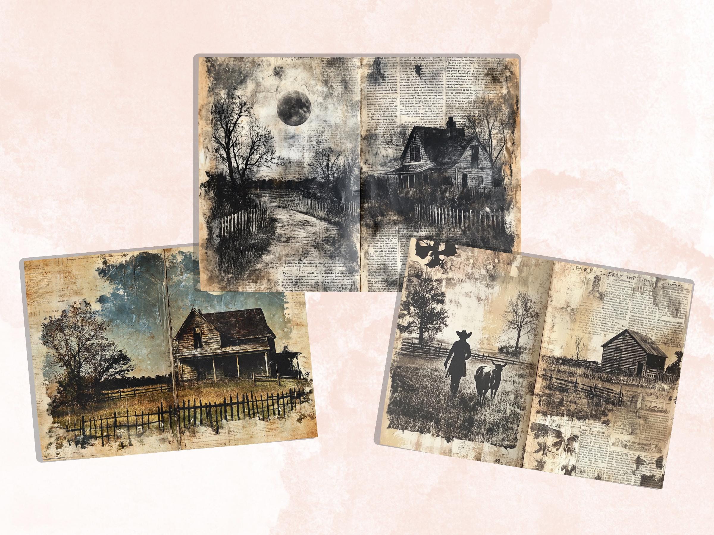 Farm Newspaper Ephemera Kit, Creepy Farm Mixed Media Paper, Gothic Country Newspaper Collage Scrapbook Paper, Spooky Journal Double Pages