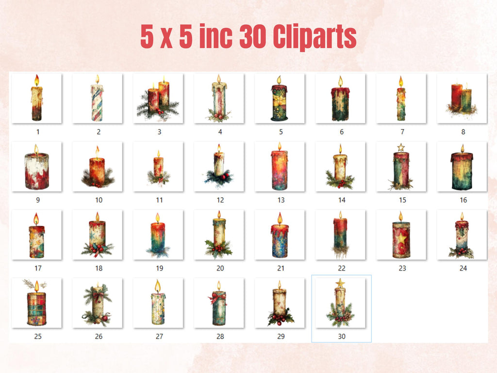 Christmas Candle Mixed Media Clipart, Retro Xmas Candle Fussy Cut Collage Sheet, Ornaments Cut Out Ephemera, PNG + JPG for Scrapbooking