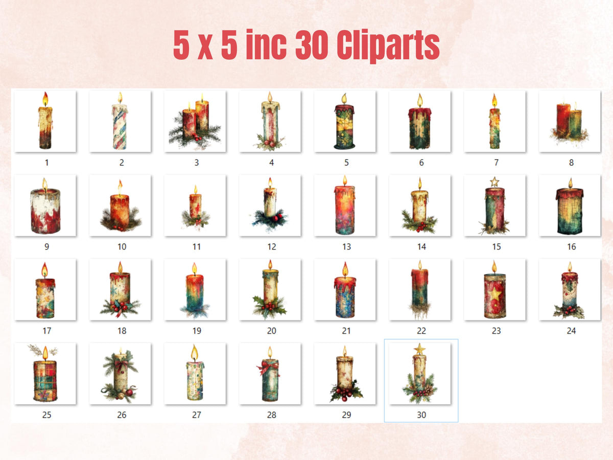 Christmas Candle Mixed Media Clipart, Retro Xmas Candle Fussy Cut Collage Sheet, Ornaments Cut Out Ephemera, PNG + JPG for Scrapbooking