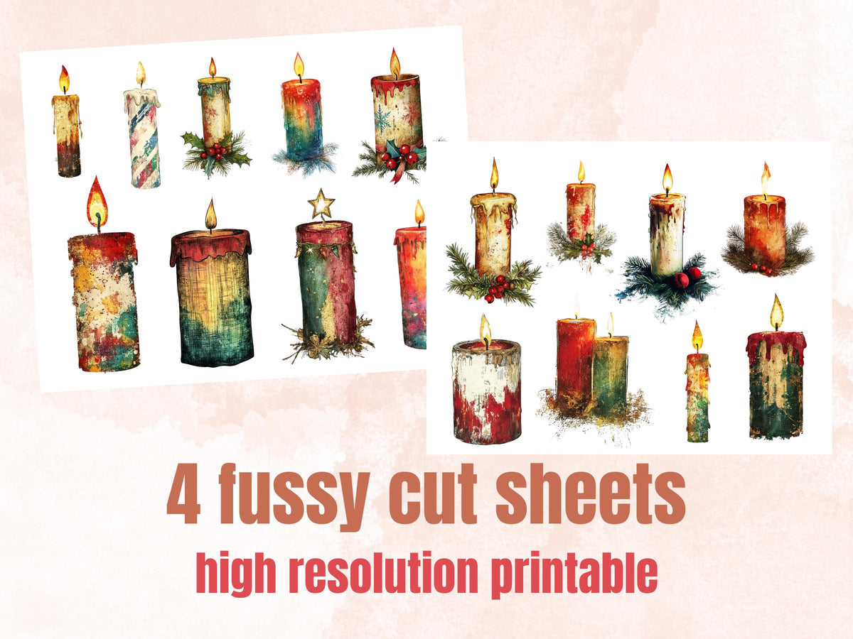 Christmas Candle Mixed Media Clipart, Retro Xmas Candle Fussy Cut Collage Sheet, Ornaments Cut Out Ephemera, PNG + JPG for Scrapbooking