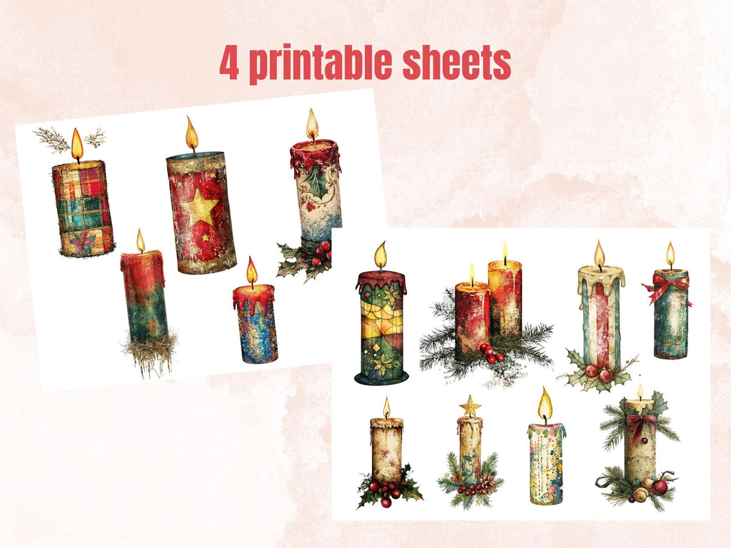 Christmas Candle Mixed Media Clipart, Retro Xmas Candle Fussy Cut Collage Sheet, Ornaments Cut Out Ephemera, PNG + JPG for Scrapbooking