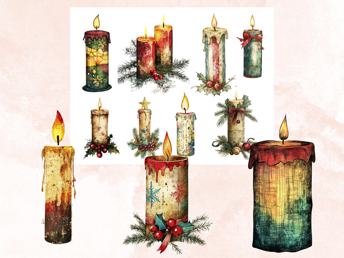 Christmas Candle Mixed Media Clipart, Retro Xmas Candle Fussy Cut Collage Sheet, Ornaments Cut Out Ephemera, PNG + JPG for Scrapbooking