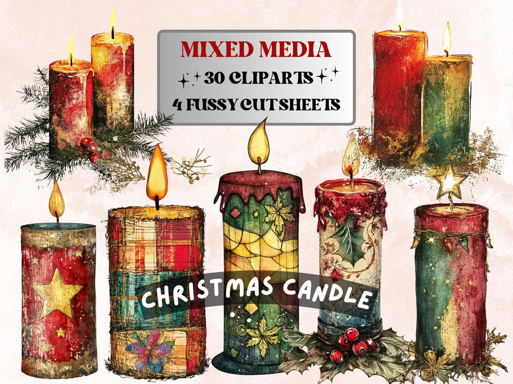 Christmas Candle Mixed Media Clipart, Retro Xmas Candle Fussy Cut Collage Sheet, Ornaments Cut Out Ephemera, PNG + JPG for Scrapbooking