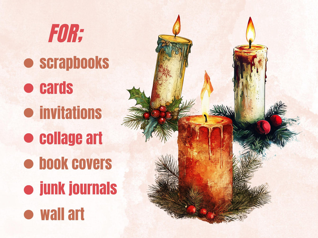 Christmas Candle Mixed Media Clipart, Retro Xmas Candle Fussy Cut Collage Sheet, Ornaments Cut Out Ephemera, PNG + JPG for Scrapbooking