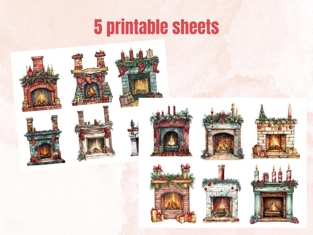 Christmas Fireplace Mixed Media Clipart, Retro Xmas Fireplace Fussy Cut Collage Sheet, Cozy Cut Out Ephemera, PNG + JPG for Scrapbooking
