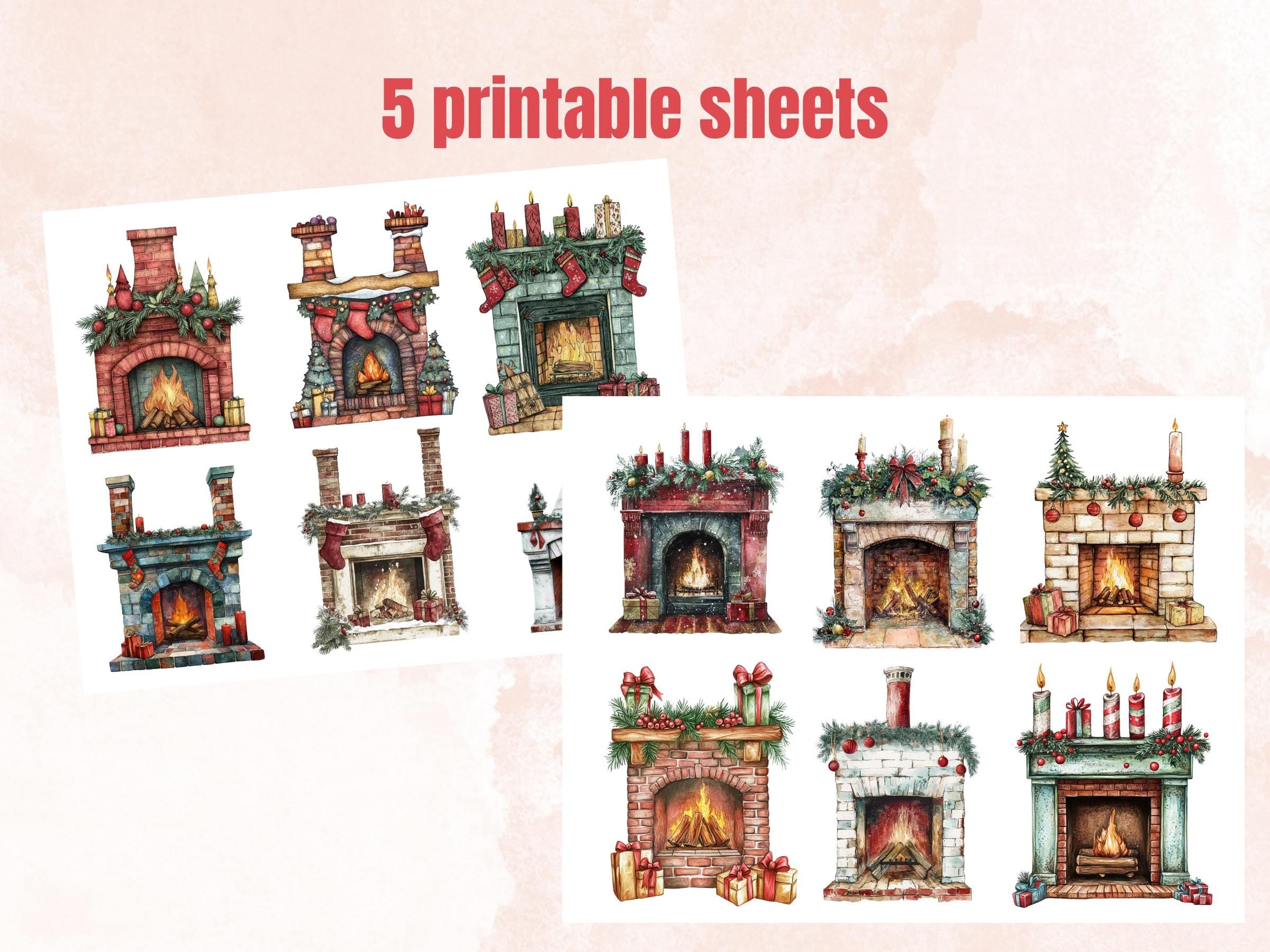 Christmas Fireplace Mixed Media Clipart, Retro Xmas Fireplace Fussy Cut Collage Sheet, Cozy Cut Out Ephemera, PNG + JPG for Scrapbooking