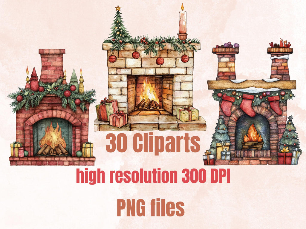 Christmas Fireplace Mixed Media Clipart, Retro Xmas Fireplace Fussy Cut Collage Sheet, Cozy Cut Out Ephemera, PNG + JPG for Scrapbooking