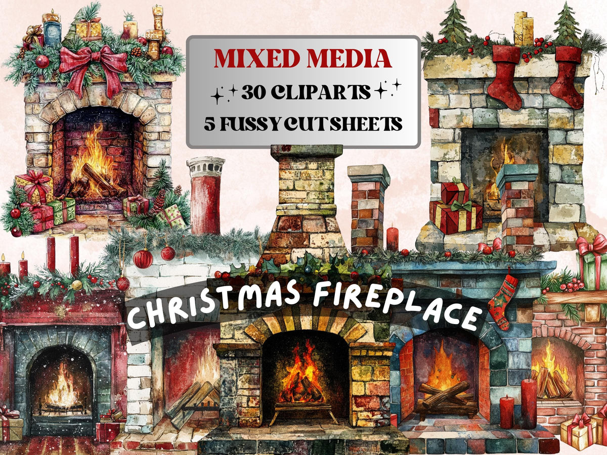 Christmas Fireplace Mixed Media Clipart, Retro Xmas Fireplace Fussy Cut Collage Sheet, Cozy Cut Out Ephemera, PNG + JPG for Scrapbooking