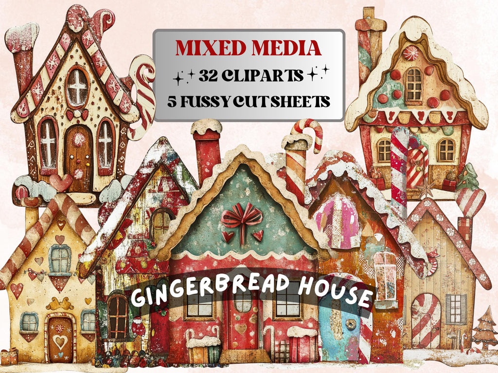 Christmas Gingerbread House Mixed Media Clipart, Xmas House Fussy Cut Collage Sheet, Winter Cut Out Ephemera, PNG + JPG for Scrapbooking