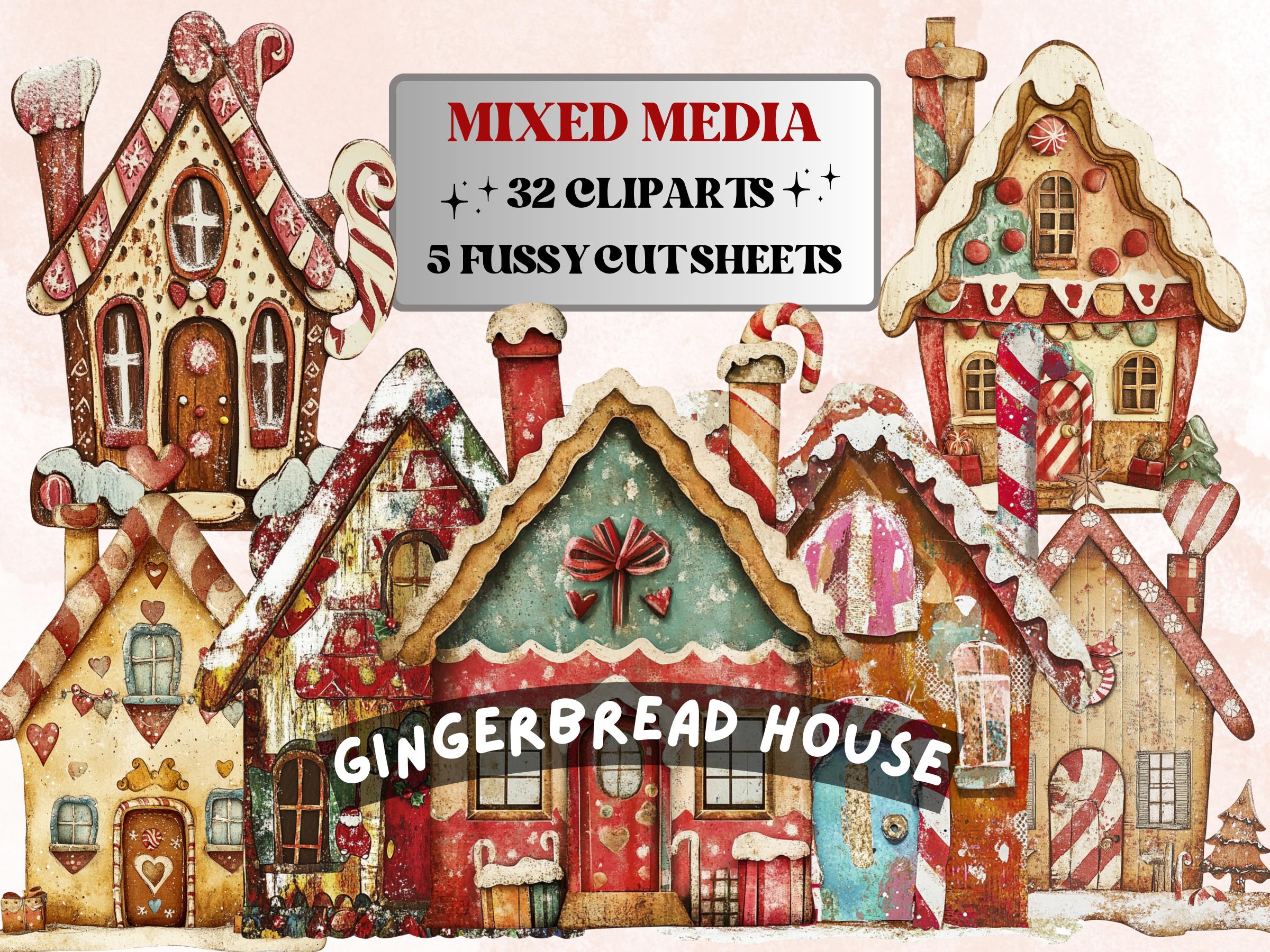 Christmas Gingerbread House Mixed Media Clipart, Xmas House Fussy Cut Collage Sheet, Winter Cut Out Ephemera, PNG + JPG for Scrapbooking