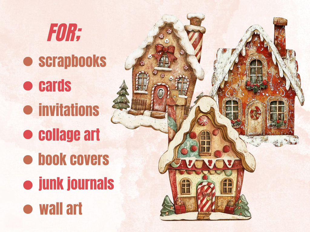 Christmas Gingerbread House Mixed Media Clipart, Xmas House Fussy Cut Collage Sheet, Winter Cut Out Ephemera, PNG + JPG for Scrapbooking