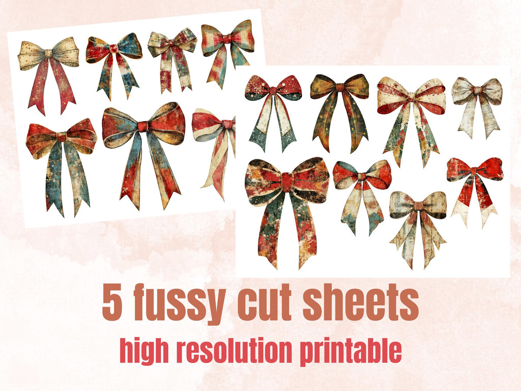 Christmas Coquette Mixed Media Clipart, Retro Xmas Bow Fussy Cut Collage Sheet, Festive Ornament Cutout Ephemera, PNG + JPG for Scrapbooking