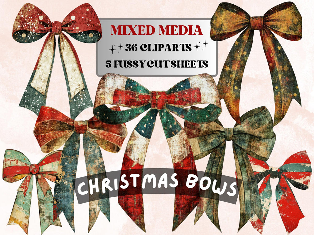 Christmas Coquette Mixed Media Clipart, Retro Xmas Bow Fussy Cut Collage Sheet, Festive Ornament Cutout Ephemera, PNG + JPG for Scrapbooking