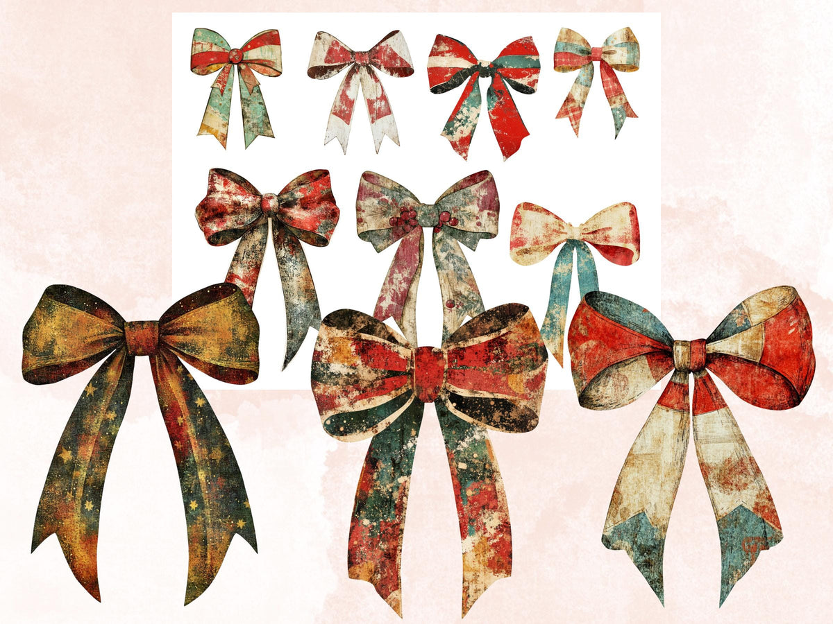 Christmas Coquette Mixed Media Clipart, Retro Xmas Bow Fussy Cut Collage Sheet, Festive Ornament Cutout Ephemera, PNG + JPG for Scrapbooking