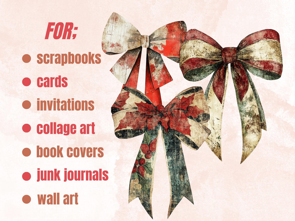 Christmas Coquette Mixed Media Clipart, Retro Xmas Bow Fussy Cut Collage Sheet, Festive Ornament Cutout Ephemera, PNG + JPG for Scrapbooking
