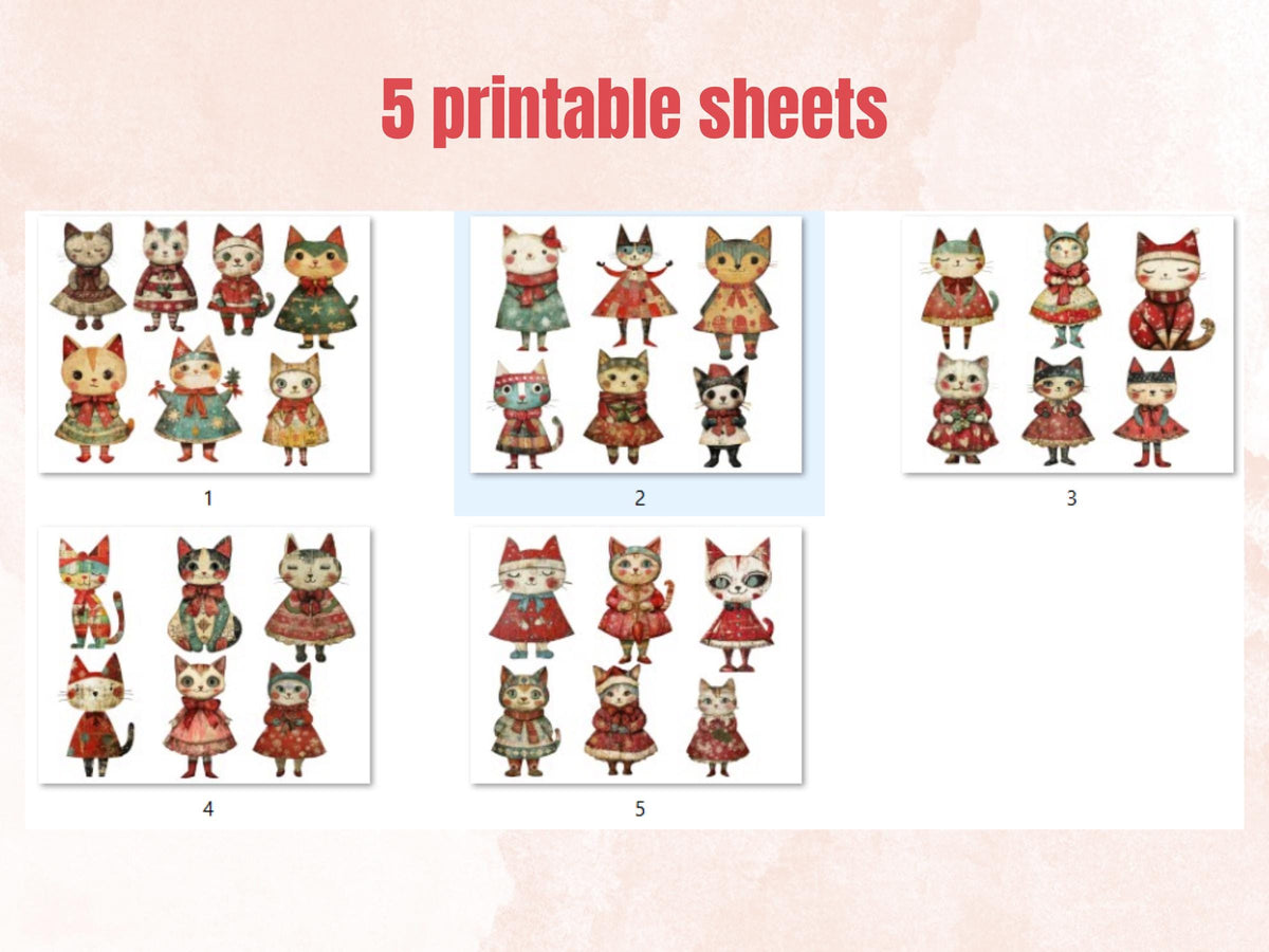 Christmas Cat Doll Mixed Media Clipart, Retro Xmas Cat Fussy Cut Collage Sheet, Paper Doll Cut Out Ephemera, PNG + JPG for Scrapbooking