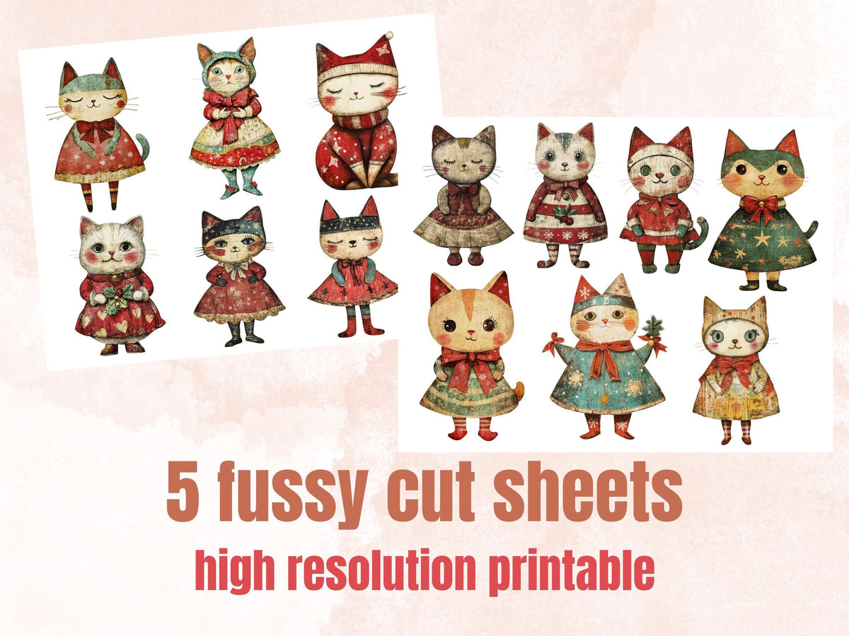 Christmas Cat Doll Mixed Media Clipart, Retro Xmas Cat Fussy Cut Collage Sheet, Paper Doll Cut Out Ephemera, PNG + JPG for Scrapbooking