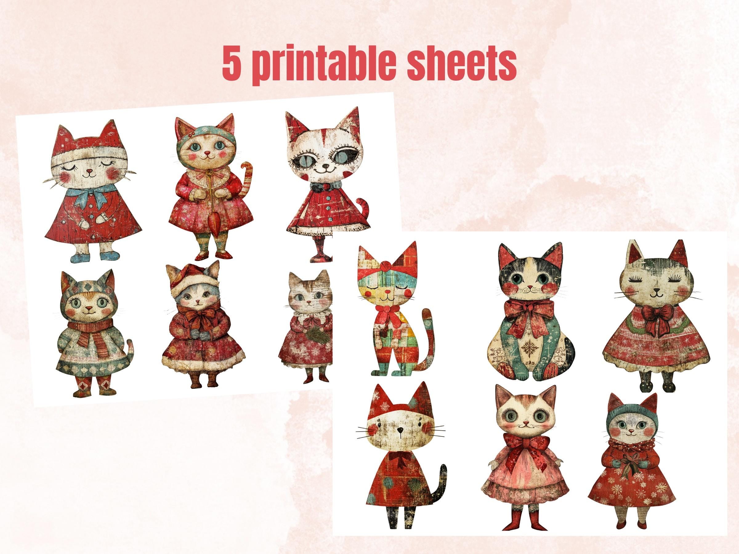 Christmas Cat Doll Mixed Media Clipart, Retro Xmas Cat Fussy Cut Collage Sheet, Paper Doll Cut Out Ephemera, PNG + JPG for Scrapbooking