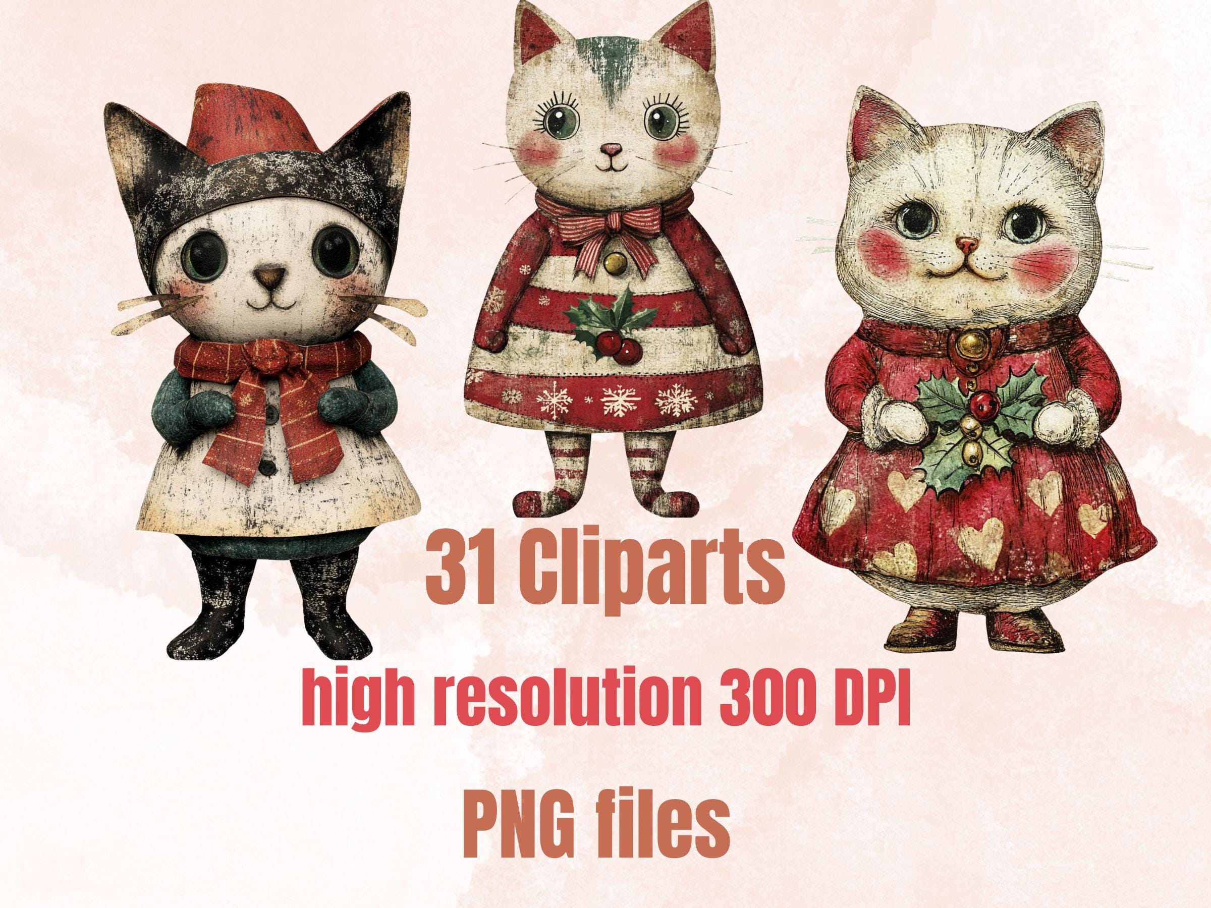 Christmas Cat Doll Mixed Media Clipart, Retro Xmas Cat Fussy Cut Collage Sheet, Paper Doll Cut Out Ephemera, PNG + JPG for Scrapbooking