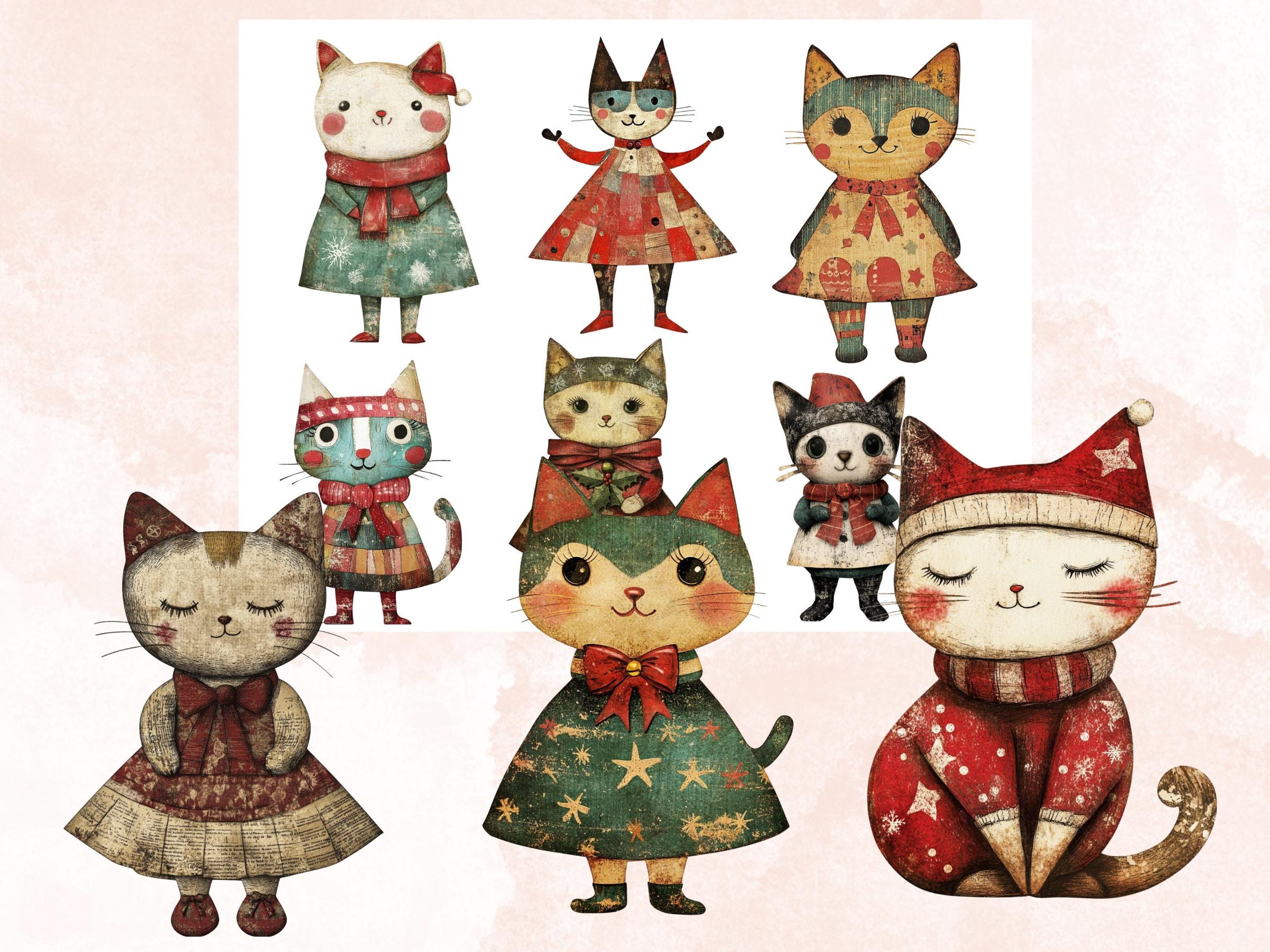 Christmas Cat Doll Mixed Media Clipart, Retro Xmas Cat Fussy Cut Collage Sheet, Paper Doll Cut Out Ephemera, PNG + JPG for Scrapbooking