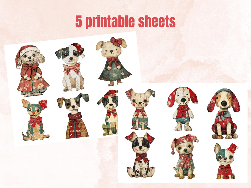 Christmas Dog Doll Mixed Media Clipart, Retro Xmas Dog Fussy Cut Collage Sheet, Paper Doll Cut Out Ephemera, PNG + JPG for Scrapbooking