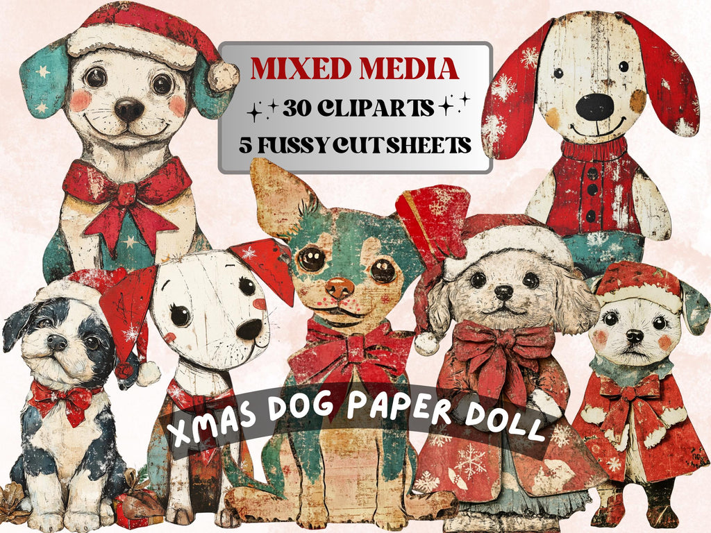 Christmas Dog Doll Mixed Media Clipart, Retro Xmas Dog Fussy Cut Collage Sheet, Paper Doll Cut Out Ephemera, PNG + JPG for Scrapbooking
