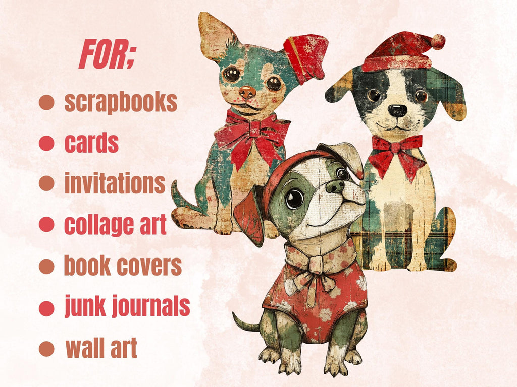 Christmas Dog Doll Mixed Media Clipart, Retro Xmas Dog Fussy Cut Collage Sheet, Paper Doll Cut Out Ephemera, PNG + JPG for Scrapbooking