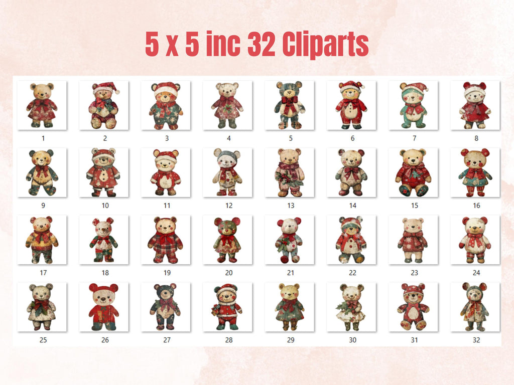 Christmas Bear Doll Mixed Media Clipart, Retro Xmas Bear Fussy Cut Collage Sheet, Paper Doll Cut Out Ephemera, PNG + JPG for Scrapbooking