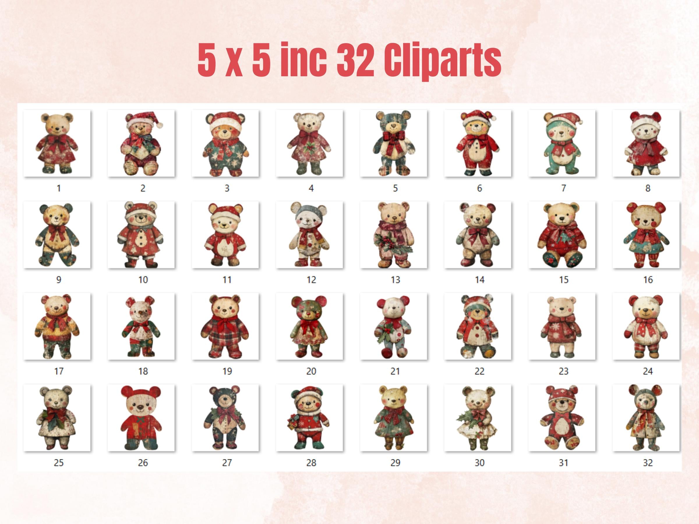 Christmas Bear Doll Mixed Media Clipart, Retro Xmas Bear Fussy Cut Collage Sheet, Paper Doll Cut Out Ephemera, PNG + JPG for Scrapbooking