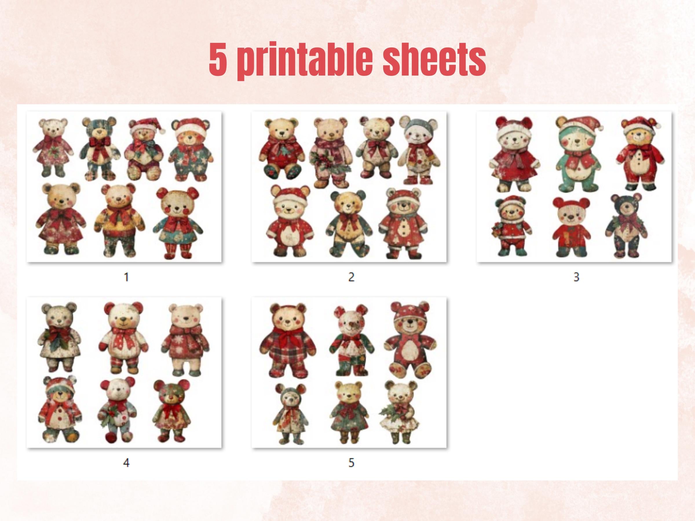 Christmas Bear Doll Mixed Media Clipart, Retro Xmas Bear Fussy Cut Collage Sheet, Paper Doll Cut Out Ephemera, PNG + JPG for Scrapbooking