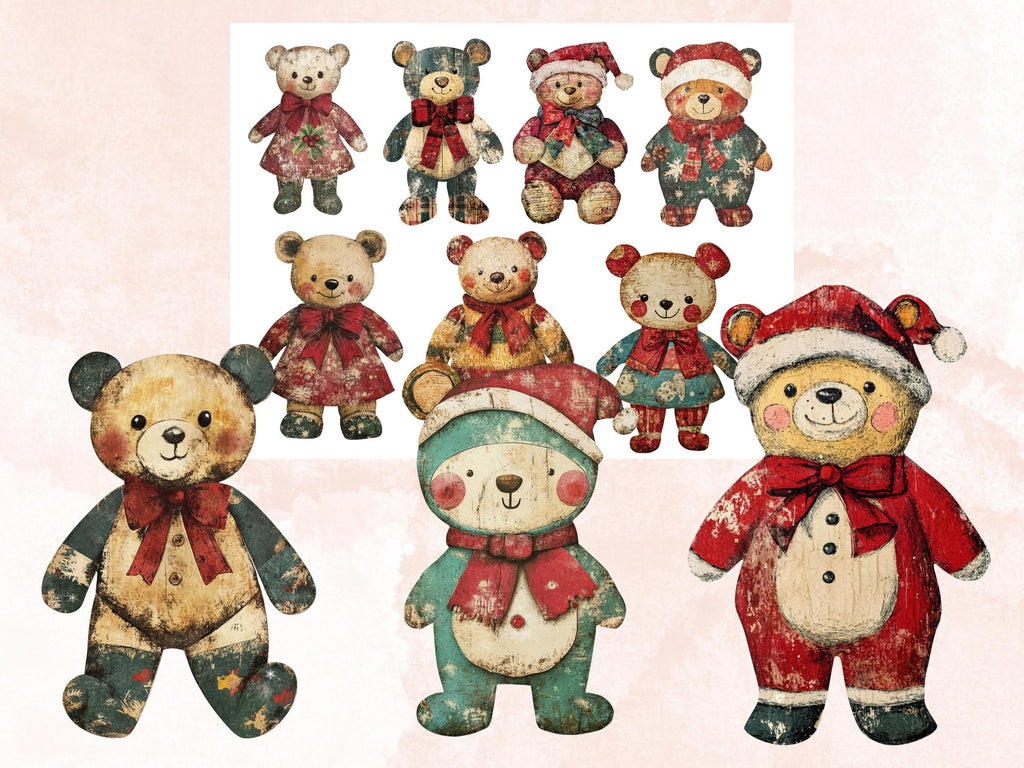 Christmas Bear Doll Mixed Media Clipart, Retro Xmas Bear Fussy Cut Collage Sheet, Paper Doll Cut Out Ephemera, PNG + JPG for Scrapbooking