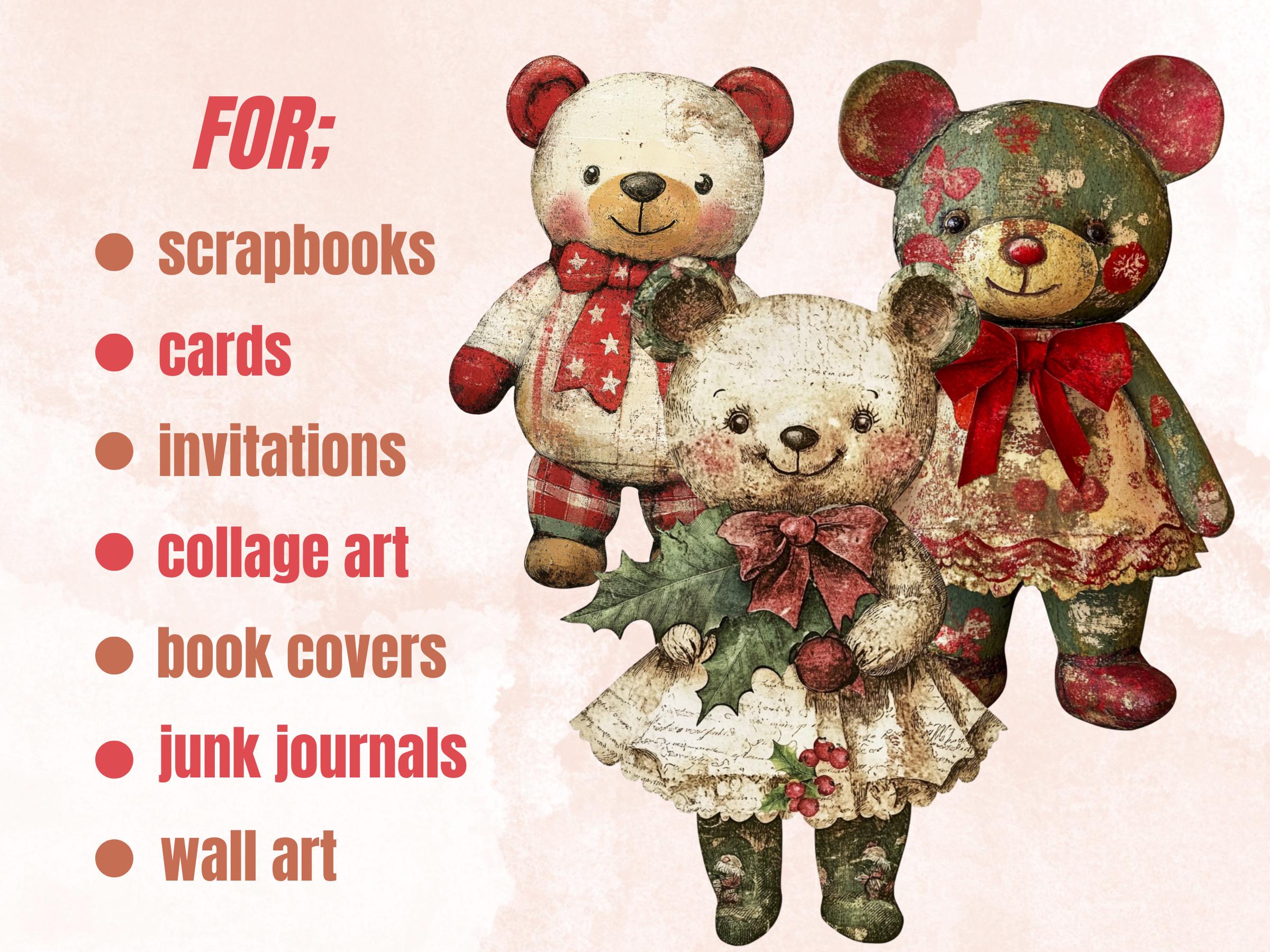 Christmas Bear Doll Mixed Media Clipart, Retro Xmas Bear Fussy Cut Collage Sheet, Paper Doll Cut Out Ephemera, PNG + JPG for Scrapbooking
