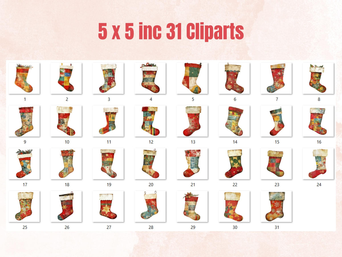 Christmas Socks Mixed Media Clipart, Retro Xmas Socks Fussy Cut Collage Sheet, Ornaments Cut Out Ephemera, PNG + JPG for Scrapbooking