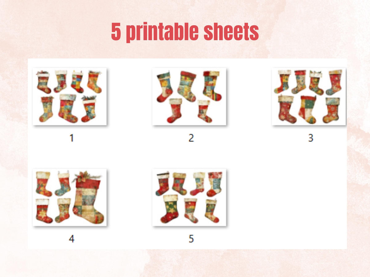Christmas Socks Mixed Media Clipart, Retro Xmas Socks Fussy Cut Collage Sheet, Ornaments Cut Out Ephemera, PNG + JPG for Scrapbooking