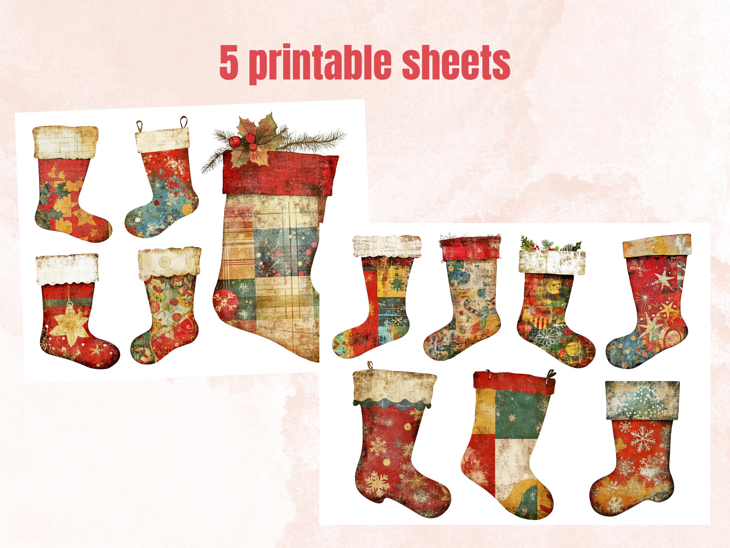 Christmas Socks Mixed Media Clipart, Retro Xmas Socks Fussy Cut Collage Sheet, Ornaments Cut Out Ephemera, PNG + JPG for Scrapbooking