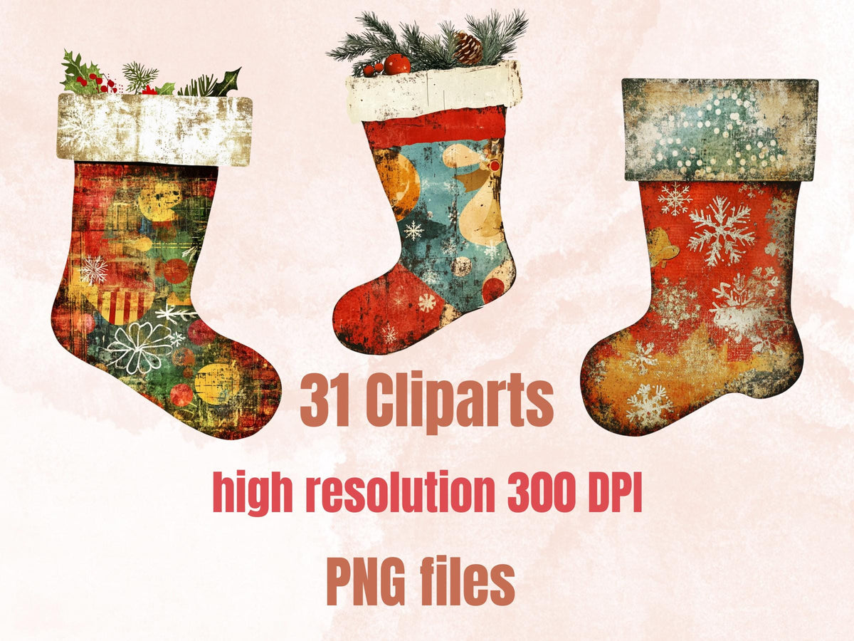 Christmas Socks Mixed Media Clipart, Retro Xmas Socks Fussy Cut Collage Sheet, Ornaments Cut Out Ephemera, PNG + JPG for Scrapbooking