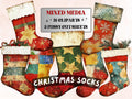 Christmas Socks Mixed Media Clipart, Retro Xmas Socks Fussy Cut Collage Sheet, Ornaments Cut Out Ephemera, PNG + JPG for Scrapbooking