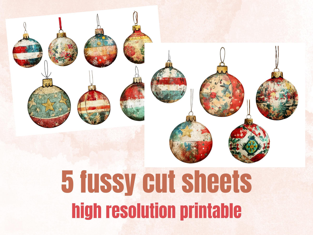 Christmas Ornaments Mixed Media Clipart, Retro Xmas Holiday Fussy Cut Collage Sheet, Ornaments Cut Out Ephemera, PNG + JPG for Scrapbooking