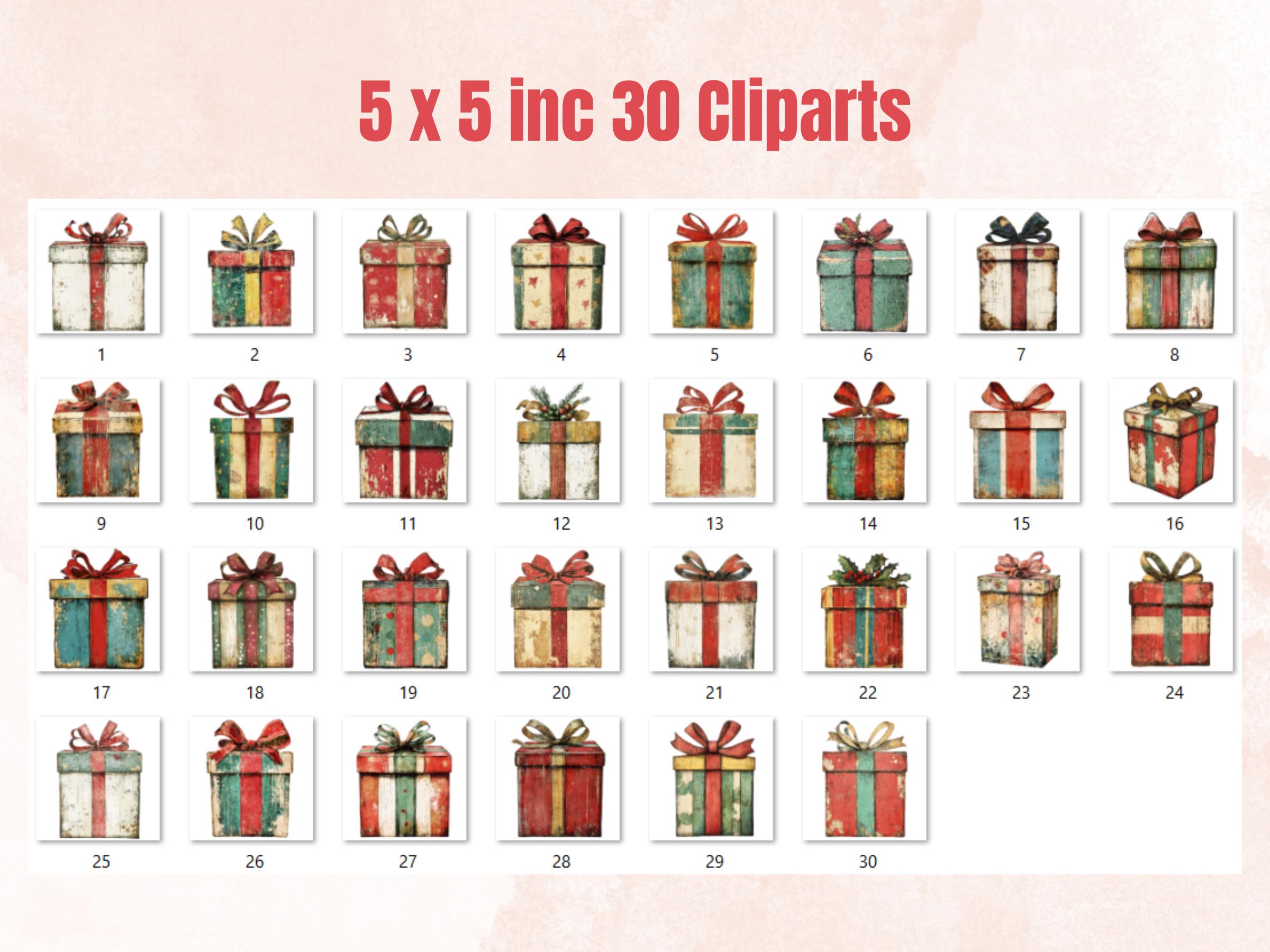 Christmas Gift Box Mixed Media Clipart, Retro Xmas Gifts Fussy Cut Collage Sheet, Ornaments Cut Out Ephemera, PNG + JPG for Scrapbooking