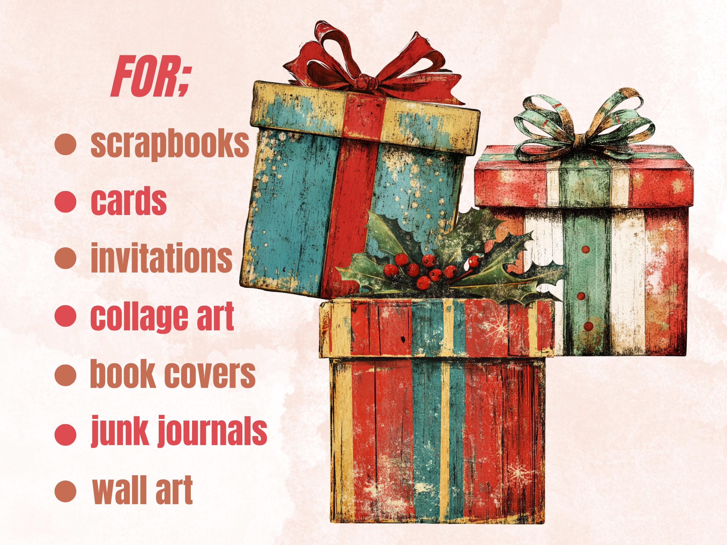 Christmas Gift Box Mixed Media Clipart, Retro Xmas Gifts Fussy Cut Collage Sheet, Ornaments Cut Out Ephemera, PNG + JPG for Scrapbooking