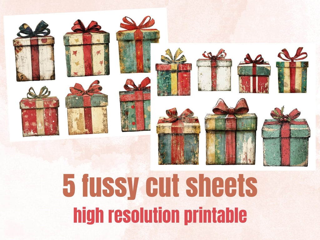 Christmas Gift Box Mixed Media Clipart, Retro Xmas Gifts Fussy Cut Collage Sheet, Ornaments Cut Out Ephemera, PNG + JPG for Scrapbooking